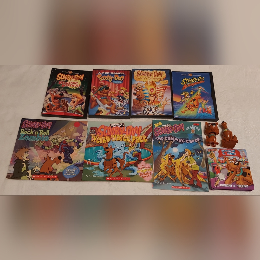 **3 Listings $40**          Scooby-Doo 4 DVDs, 4 books, 2 figures